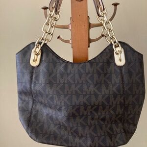 MICHAEL KORS SIGNATURE BROWN LEATHER GOLD CHAIN STRAP BAG